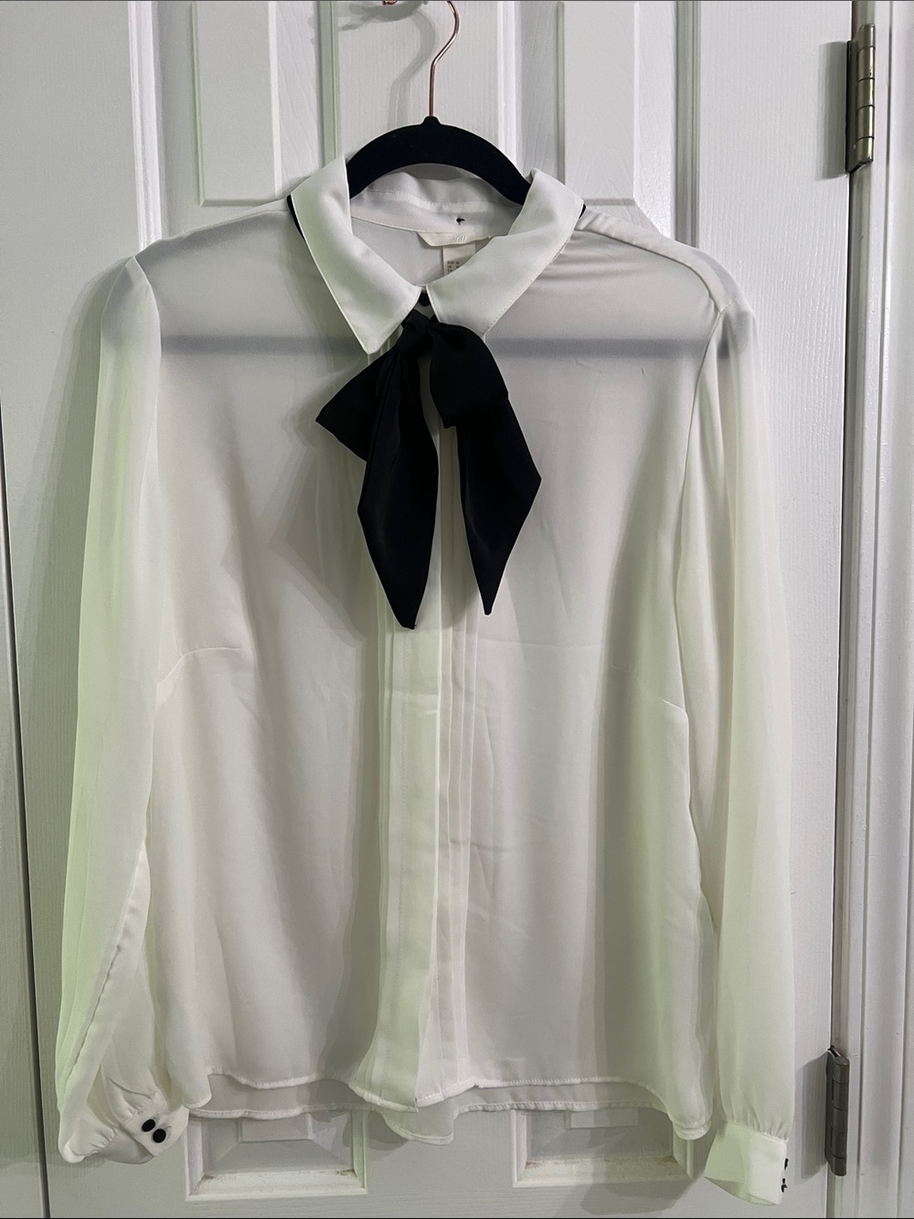 H&M White Sheer Long-Sleeve Blouse with Black Tie Accent